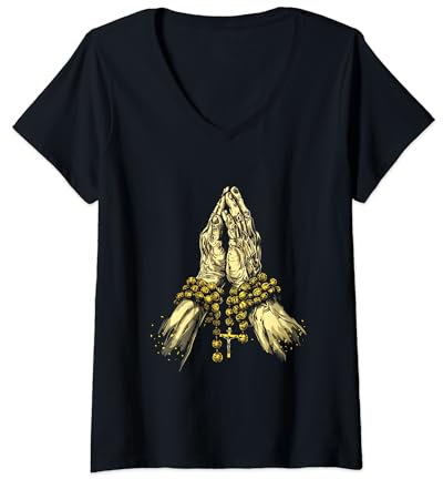 Damen Christentum Hände Gebet Rosenkranz Betende Hände T-Shirt mit V-Ausschnitt