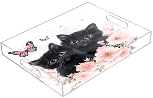 JUMBEAR Plateau de Service Mignon en Acrylique avec Chat Noir et Papillon – Plateaux Transparents pour Servir des Aliments, Restauration, fêtes, Mariages, Anniversaires – Plateaux à Sandwich et
