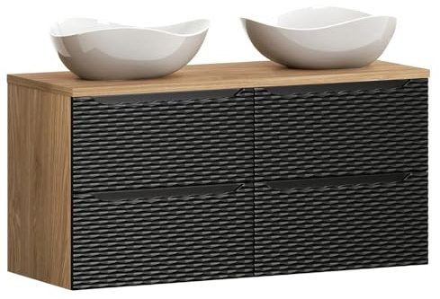 Lomadox Badezimmer Doppelwaschtisch 120cm in Eiche mit schwarz, Front mit 3D-Struktur in Wellenoptik, 4 Schubladen
