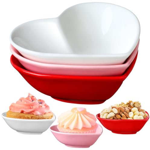 Tioncy 3 Pcs Heart Shaped Ceramic Bowls Valentine's Day Salad Bowls 5 Inch Love Heart Appetizer Plates, Dessert Bowls Snack Bowls Gifts for Valentine's Day Party Wedding Birthday Party Red Pink White