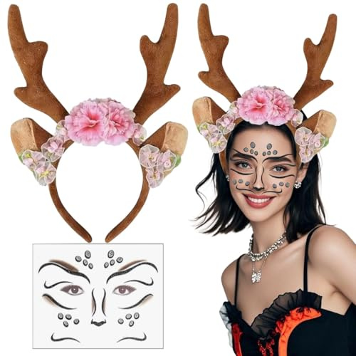 Karneval Kostüm Damen Mädchen, Haarreif Reh Geweih Hörner mit Blumen + Reh Gesichtstattoo, Rentier Haarreif mit Ohren, Reh Haarreif Damen Mädchen, Reh Haarband Haarschmuck für Mottoparty Cosplay