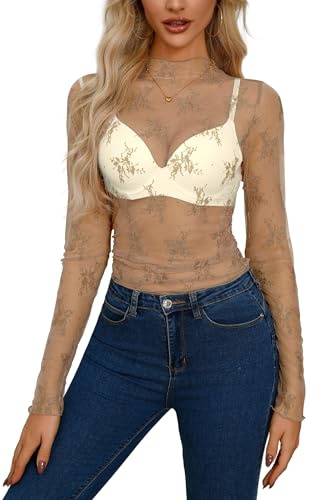 Blusa Transparente para Mujer, Sexy, Parte Superior de Malla, Manga Larga, Transparente, Camiseta básica para Festivales, Caqui, XL