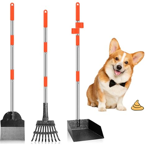Furggis Hundekotschaufel, 3 Stück Dog Pooper Scooper Hundekotschaufel und Harke Metall Rechen Kehrschaufel für große mittlere kleine Hunde mit Lange verstellbare Griff Rake Waste Removal