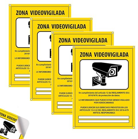 Carteles Cámara de Vigilancia Pack 4 – Zona Videovigilada Homologados PVC 20x15 cm – Placas Seguridad Interior Exterior Autoadhesivas