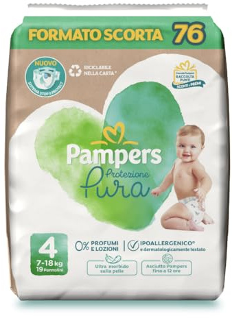 Pampers Protezione Pura, Taglia 4 (7-18 kg), Ipoallergenico, Barriera Stop&Protect, Anti-Fuoriuscite, Formato Scorta, 0% Profumo e Lozioni, Pelli Sensibili, Ultra Morbido, 76 Pannolini Bambino