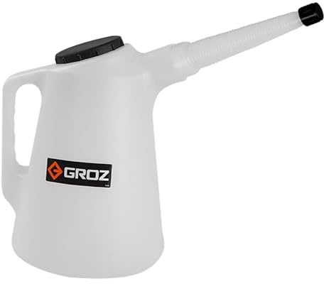 Groz 8-Quart Oil Measuring Container with Flexible Spout, Graduated in Quarts and Liters, Threaded Leak-Proof Design with Dual Cap System for Engine Oil Changes (41882)