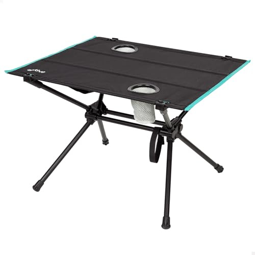 AKTIVE Mesa camping plegable 63x56x42 cm con portavasos y bolsillo de malla, Estructura resistente, Soporta hasta 100 kg, Para exteriores y transportar con bolsa incluida (63129)