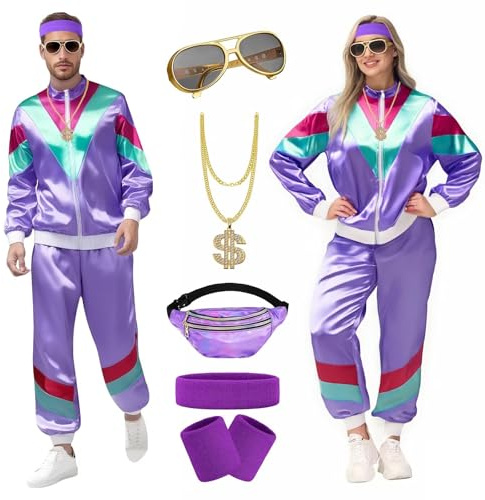 yecwkaz Costume 80s Woman Man Tracksuit Outfit 80s 90s Man Accessory 1980s Disco Carnival Costume for Halloween Party Fancy Dress Purple-XL