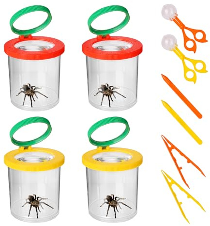 4 Stück Becherlupen, Lupenglas, Insekten Viewer 3 Fach und 6 Fach, Becherlupe Set, Mit 4 Lupendose, 2 Pinzette und 2 Insektenfänger Scherenzange, Gefunden Outdoor Suchspiel