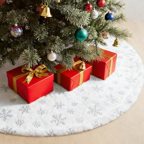 Prmape Weihnachtsbaum Rock 123cm, Weihnachtsbaumdecke Rund Weiß mit Schneeflockenmuster, Dicker gestrickt 3D Plüsch Christbaumständer Teppich für Schnee Christbaum Weihnachtsbaum Deko