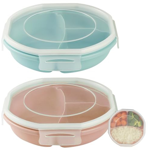 GOMETY 2 Pièces Assiettes Micro-ondes avec Couvercle, Boîte Repas Bento Compartimentée 3 Compartiments, Hermétique, Sans BPA, Vaisselle Micro-ondes pour Réchauffer, Congeler et Conserver Rose, Bleu