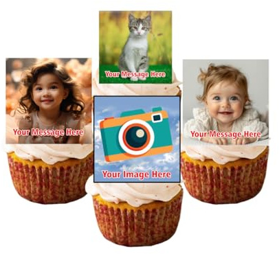 PRE CUT Edible Personalised Photo/Your Logo Cupcake Toppers Premium Wafer Paper Custom Cake Topper (24 x 1.5 inch Square)