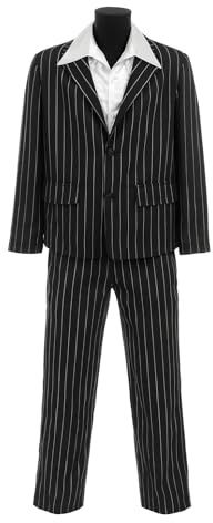 Erwachsenenkostüm Mafia-Boss-Kostüm, Halloween-Outfit mit Nadelstreifen-Anzug und weißem Rüschenhemd mit großem Kragen, Gangster-Kostüm