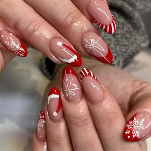 False Nails - 24Pcs Christmas Almond French Red Fake Nails - White Snowflower Christmas Hat Designs Press on Nails - Acrylic Full Cover False Nails with Glue for Nail Art