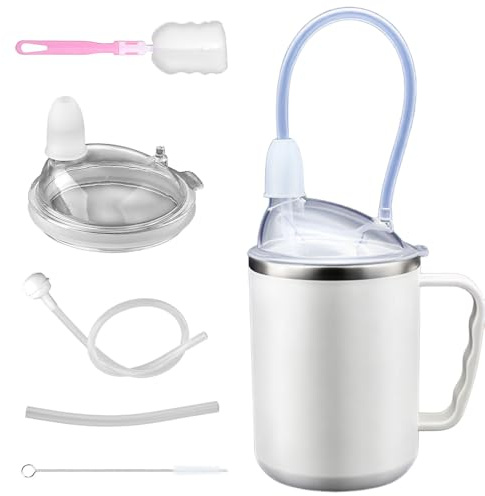 Beakers for Elderly, Adult Sippy Cups for Elderly Non Spill with Lid Straw Grip Handle, 450ml Sippy Cup for Adults, 3 in 1 Non Spill Cups for Elderly for Disabled Adults Drinking Aids Maternity