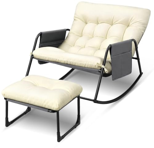 Bonnlo Schaukelstuhl mit Hocker/Balkonmöbel Set 3 teilig, für Veranda, Garten, Poolbereich, Balkon oder Hinterhof, Grau/Weiß/Dunkelgrün (1 Schaukelstuhl mit 1 Hocker, Weiß)