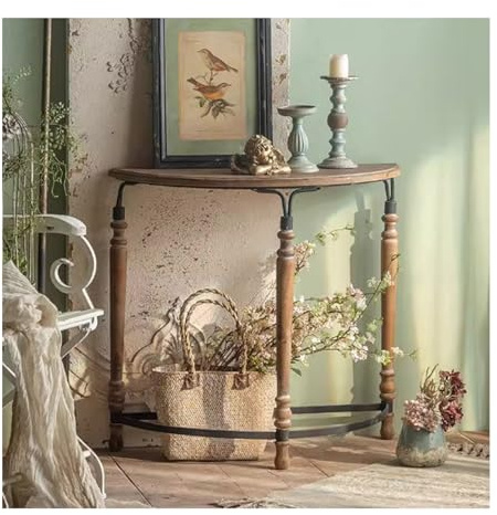 YPIOUREN Tavolo Consolle Retrò A Mezzaluna In Legno E Ferro, Tavolo Consolle A Mezzaluna, Tavolo Decorativo Semicircolare For Divano, For Ingresso, Corridoio, Soggiorno, Giardino(Wood)