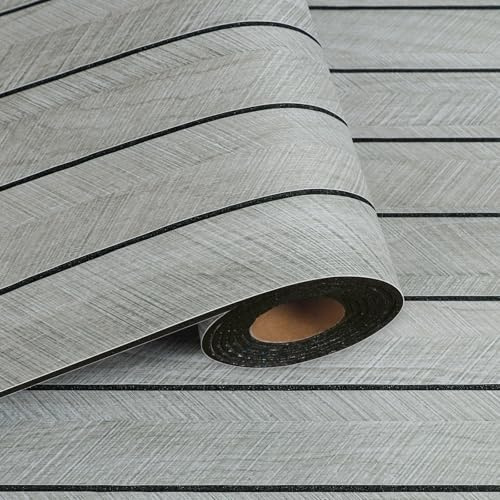 VaryPaper Grey Wooden Slat Wallpaper Self Adhesive 3D Foam Wall Panel 42.8cmx200cm Herringbone Wood Stick on Soundproof Wall Panels Thick Wood Panelling for Bedroom Living Room TV Background