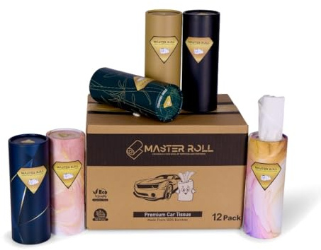 Master Roll Premium Bamboo Car Tissues | Facial Tissues | Travel Tissues | 12 Pack | 3-Ply | Soft, Eco Friendly, Plastic Free & Biodegradable