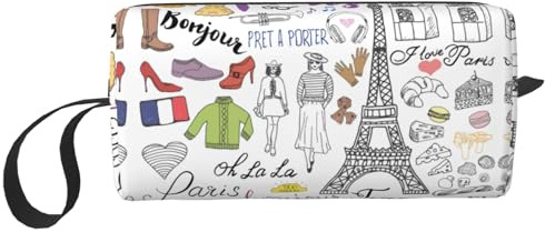 French Paris Tour Eiffel Tower Print Portable Cosmetic Pouch, Travel Storage Case, Zippered Organizer Bag for Quick Access