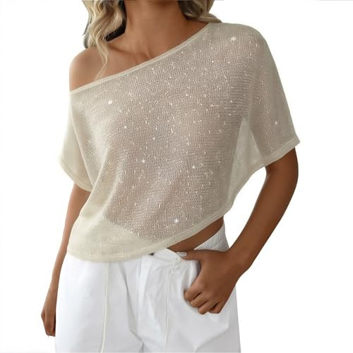 Cache-maillot de plage pour femme - Poncho asymétrique scintillant à épaules dénudées - Haut en crochet léger et transparent - Chemisier évidé