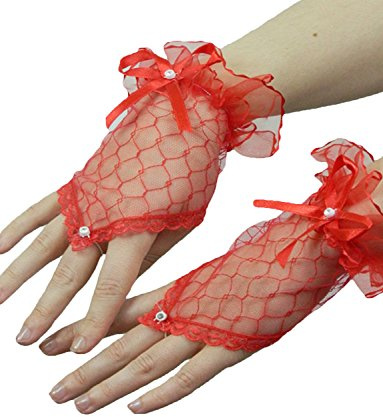 Yummy Bee - Fingerlose Handschuhe Kurz - Spitzenhandschuhe Schwarz Gothic Brautweiß Rot - Halloween Kostüm Damen (Rot)