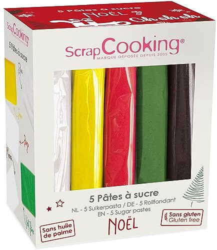 ScrapCooking - Lot de 5 Pâtes à Sucre Blanc, Jaune, Rouge, Vert, Marron - 5 x 80g - Pour Gâteaux Bûches Pâtisseries Noël - Sans Gluten & Sans Huile de Palme - 7257