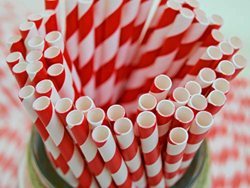 wecansourceitltd Box of 250 Paper 100% Biodegradable/Eco-friendly Drinking Straws (20cm / 8inch) Red & White Striped - BAN THE PLASTIC STRAW!!