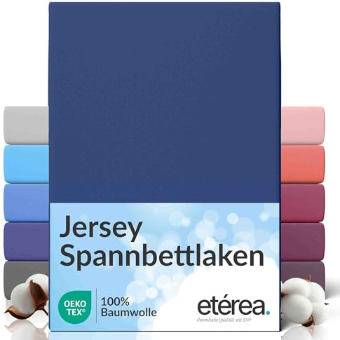 etérea Comfort Jersey Påslakan 100x200cm - 120x200 Oekotex Made in Green - 100% bomull, jersey, monterat lakan upp till 25 cm högt - lakan 100x200-120x200 cm Marinblå
