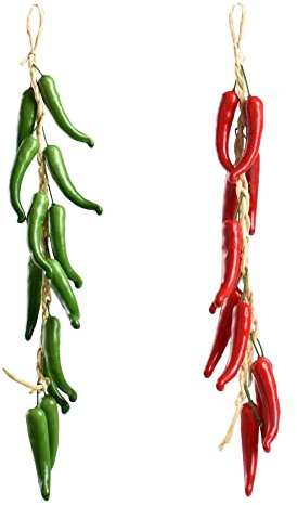 VIOCIWUO Artificial Hanging Pepper String 2 Sets, Simulation Lifelike Hot Chili Vegetable Fruit Garland Vine for Home Kitchen Farm Party Wall Decoration, Red&Green