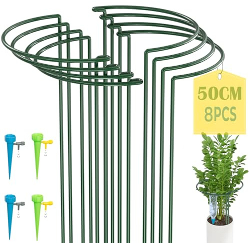 KAZITOO 8 Stück große 50cm hohe Bogen Pflanze Stützpfähle, 4mm starker Metallgarten unterstützt grüne halbrunde Blume Reifen mit 4 Selbst Gießspitzen für Pfingstrosen, Hortensien, Monstera