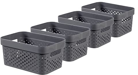 CURVER Infinity Dots Set of 4 Rectangular Storage Boxes, 100% Recycled Resin, Nestable & Multifunctional, 4.5 litres, Grey