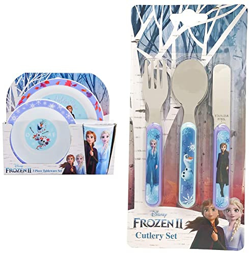 Disney II Frozen Kids Tableware 3 Piece Reusable PP Plate, Bowl & Cup Children – for 24 Months & Up & II Frozen 3 Piece Cutlery Set – Metal, Reusable Children's Knife– for 12 Months & Up, 18/8