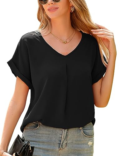 Yuson Girl T-Shirt Femme Été Chic T-Shirts Blouse Chemisiers d'été en Mousseline Élégants Tops pour Femmes à Manche Courte Couleur Unie Col V Loose Shirt(Noir, S)