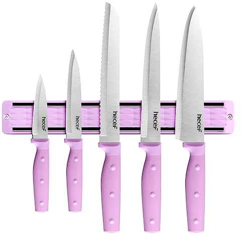 hecef 5-Piece Stainless Steel Knives Collection with 13″ Magnetic Holder – Professional Sharp Knife Set Featuring Triple-Riveted Purple Handle for Meat & Vegetables