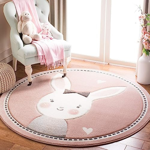 Sedefen Teppich Rund 200cm Kinderzimmer Mädchen Rosa Hasen Motive Kinderteppich Waschmaschinenfest rutschfest Flauschig Teppich für Schlafzimmer Wohnzimmer