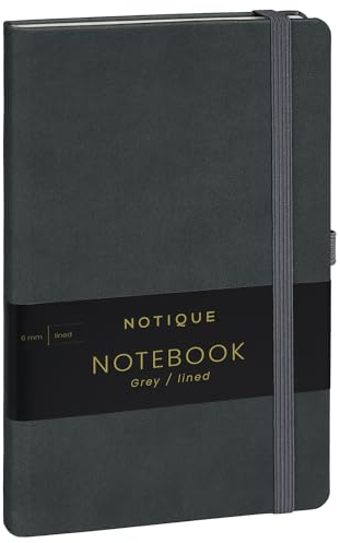 NOTIQUE Notizbuch Liniert, Hardcover Notizbuch, Notizheft, Journal, Tagebuch mit Gummiband und Stifthalter 13x21cm, 192 Seiten (Grau, Liniert)