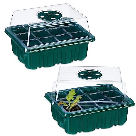Relaxdays Semilleros de Germinación, Set de 2, Mini Invernadero para el Hogar, 12 Celdas, con Tapa, Verde/Transparente, 11,5 x 19 x 14,5 cm