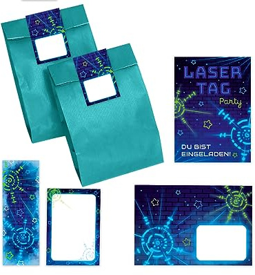 Minkocards 12 Einladungskarten zum Kindergeburtstag Lasertag Laser Tag Mädchen Jungen incl. 12 Umschläge, 12 Partytüten/petrol, 12 Aufkleber, 12 Lesezeichen, 12 Mini-Notizblöcke Einladungsset
