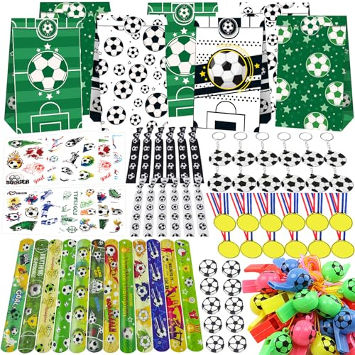 96 Stück Fußball Mitgebsel，Fußball Mitgebsel Kindergeburtstag，Fußball Geburtstagsdeko Mitgebsel mit Fußball Haarband，Schlüsselanhänger, Armband, Pfeifen, Tattoos Dekorationen für Kinder Geburtstag