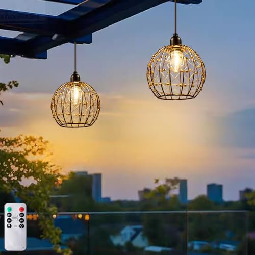 TWINKVILLA - Hanging Light Battery Operated, Outdoor Chandelier with Warm White LED Bulb for Patio, Tree, Pergola, Gazebo, Porch (Bead Ball, G50-2pcs)