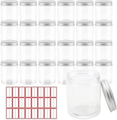 MOUYAT 24 Pack 250ml Plastic Jars with Lids, 8oz Wide Mouth Kitchen Storage Jars with Aluminium Screw on Lid and 2 Sheets Label, Leak Proof Clear Storage Jar for Kitchen, Spices, Grains, Coffee, Nut