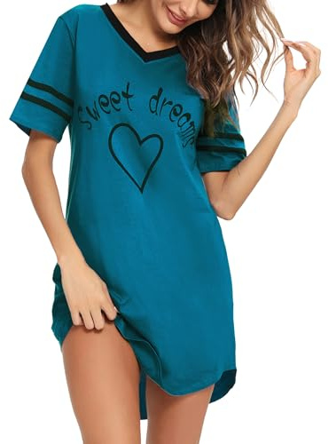 Litherday Camicia da Notte da Donna in Cotone Allentato Pigiama Loungewear Abito da Notte a Maniche Corte Camicia da Notte Casual