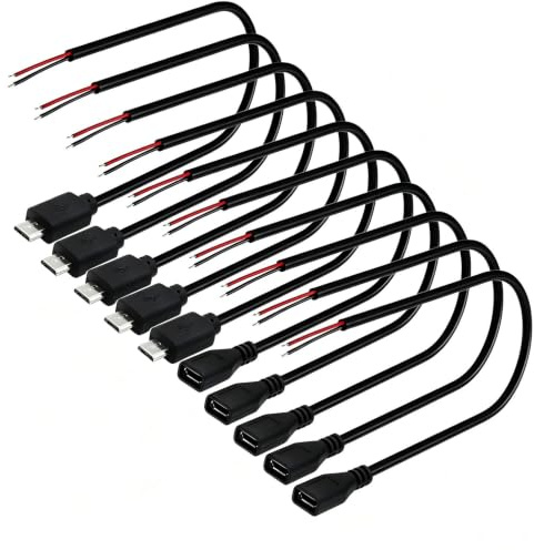 VISSQH 10 Pièces micro USB mâle femelle à fil nu à 2 broches,22AWG 3A micro USB rallonge de câble,prise USB soudable,pour les bricoleurs(30cm)