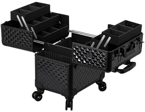 Kosmetikkoffer Pilotenkoffer Beauty Case Reisetrolley Friseurkoffer Kosmetik Trolley, Kosmetik Trolley Rollkoffer Schminkkoffer Mit 360° Drehbaren, Schwarz Aluminium-Kosmetikkoffer