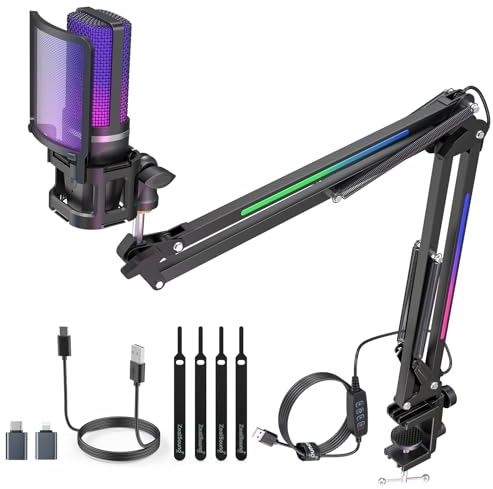 zealsound USB Microphone Kit, RGB Gaming Microphone with RGB Boom Arm, Compatible with iPhone, iPad, PC, Mac, PS5, with Quick Mute, Pop Filter, for Podcasts, Streaming, Discord, Twitch,YouTuber, A68T
