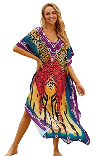 Lazz1on Kaftan Damen Lange Boho Strandkleider Sommer Maxikleid Pareo Bikini Cover Ups für Urlaub und Strand