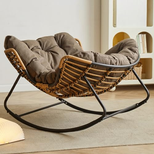 HARELA Rattan Schaukelstuhl, Schaukelstuhl Wohnzimmer Moderner Schlafzimmer, Schwingsessel mit Gestell und Kissen, Schaukelstuhl für Schlafzimmer, Wohnzimmer, Balkon, Outdoor(Dark Brown)