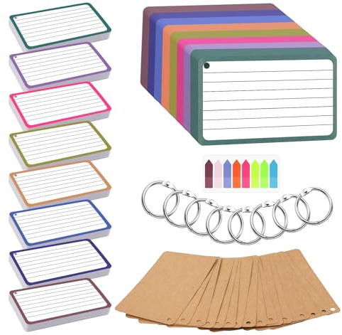 Agoer Revision Cards Coloured,400pcs Index Cards,3 x 5 in Punched Lined Flash Cards with Rings,Sticky Tabs and Kraft Papers,8 Colours Heavy Note Cards Set for Revision,Presentation,Teacher,Student
