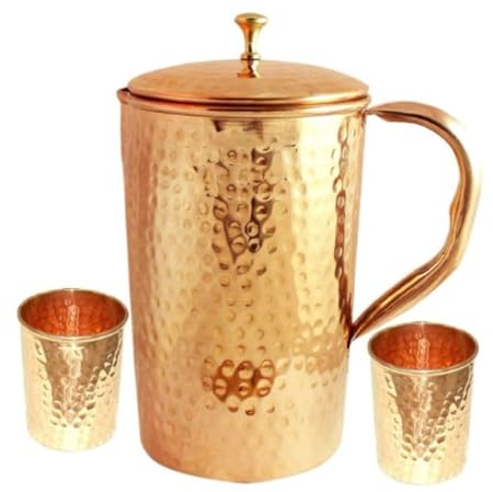 Handicraft Carafe à eau en cuivre pur martelé | Pot de stockage d'eau ayurvédique | Pichet en cuivre avec 4 verres pour maisons, hôtels et restaurants (cuivre, 2 l)